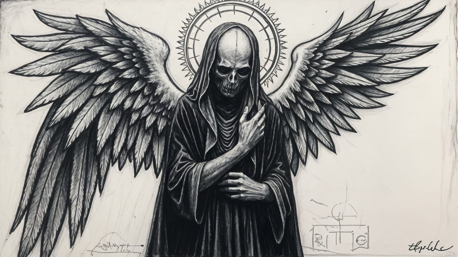 The Angel of Death: Ink Drawing in Symbolist Style