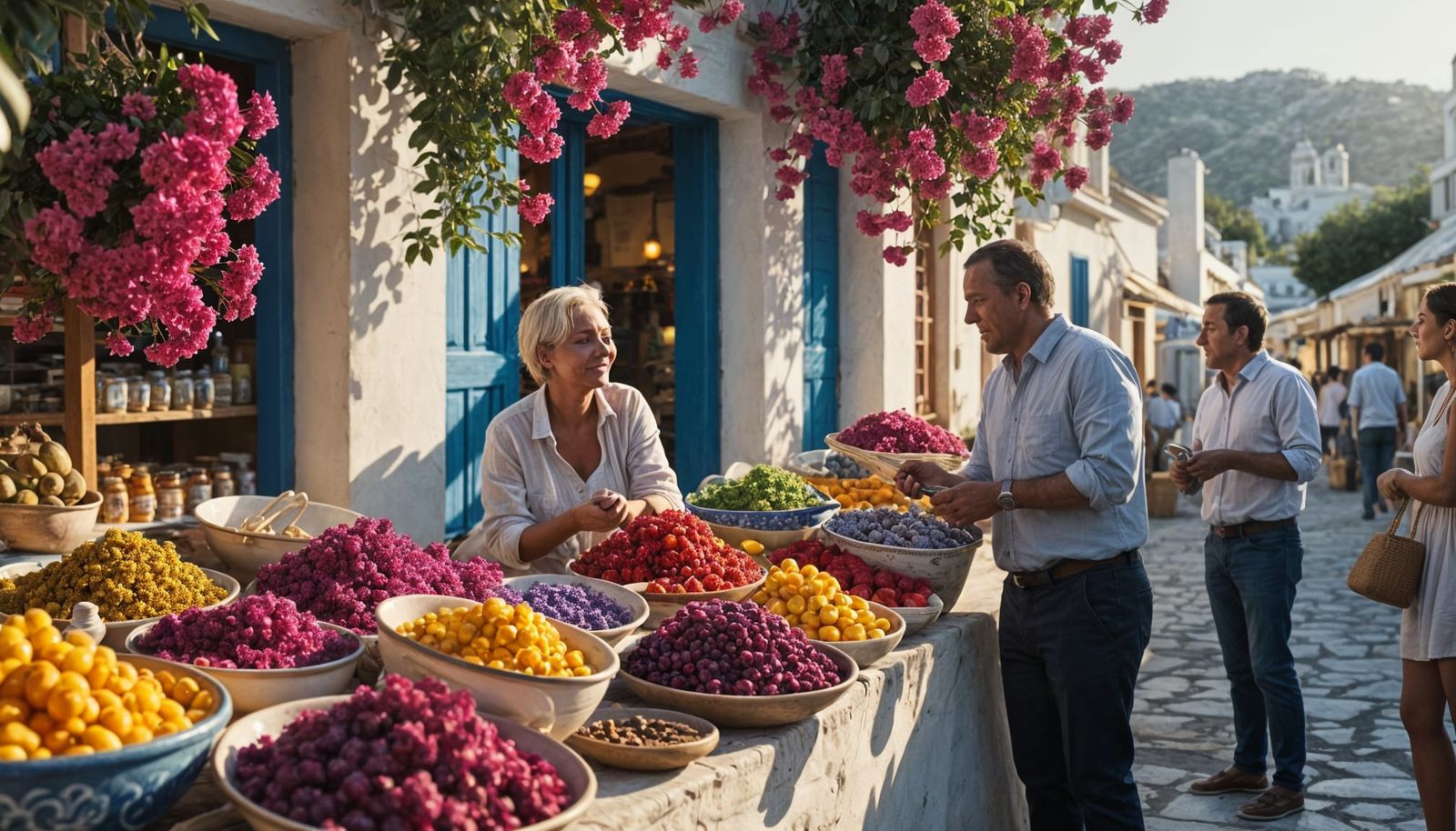 Santorini-Inspired Marketplace at Golden Hour