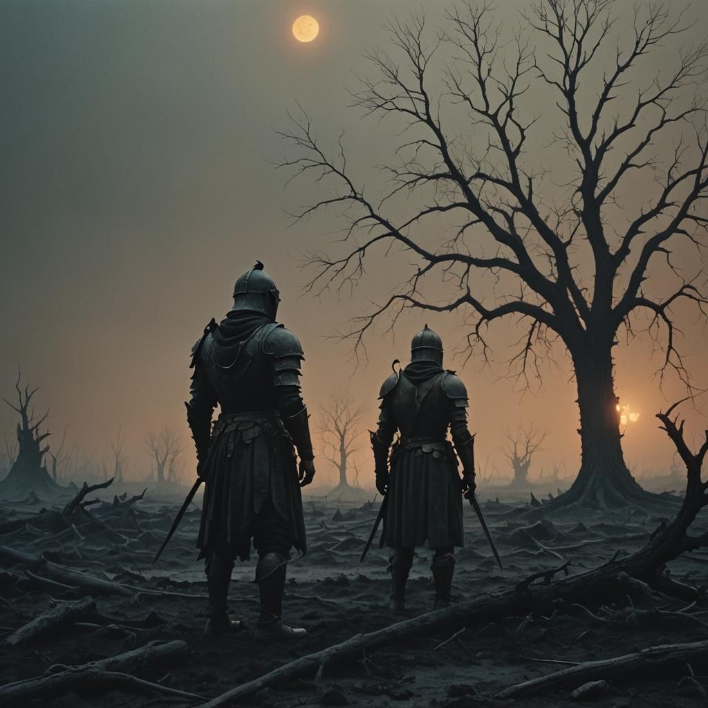 Warrior in Desolate Wasteland: A Cinematic Still