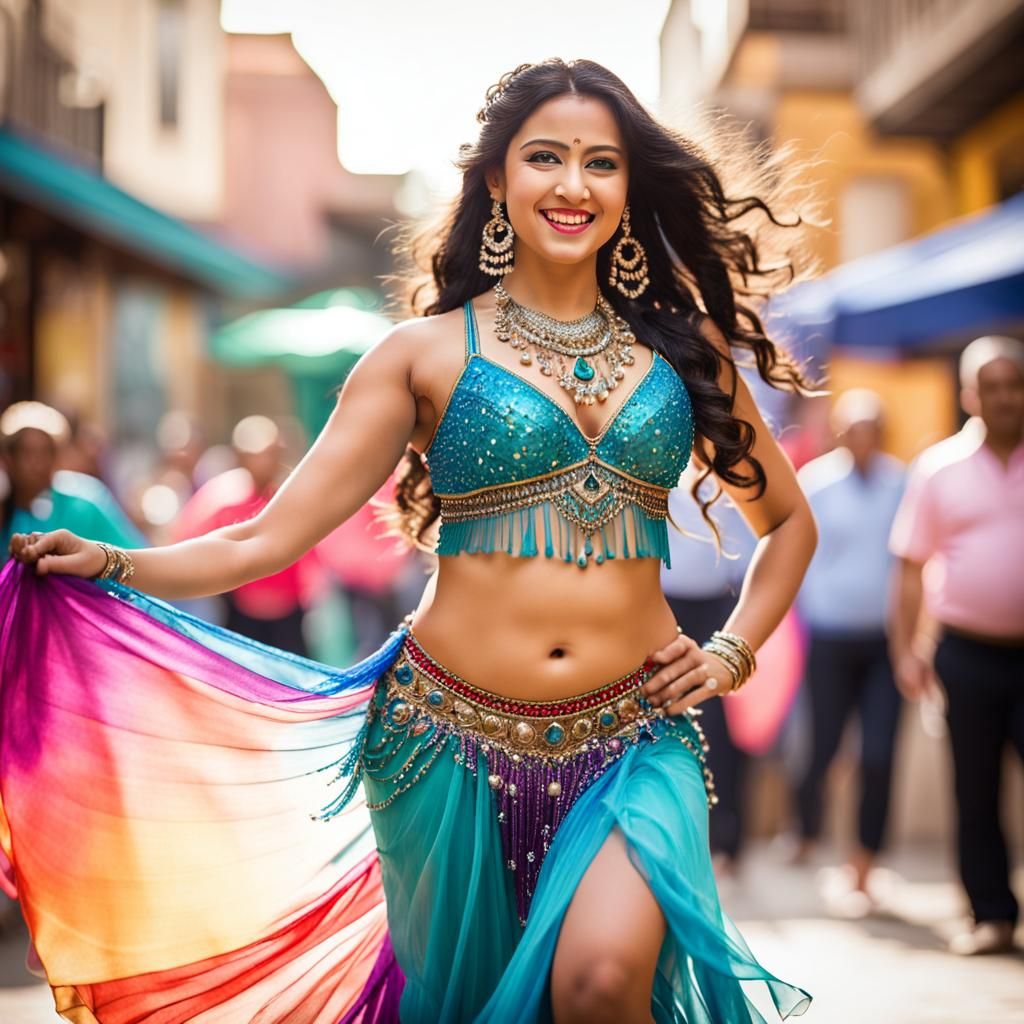 Curvy Hispanic Belly Dancer in Colorful Costume