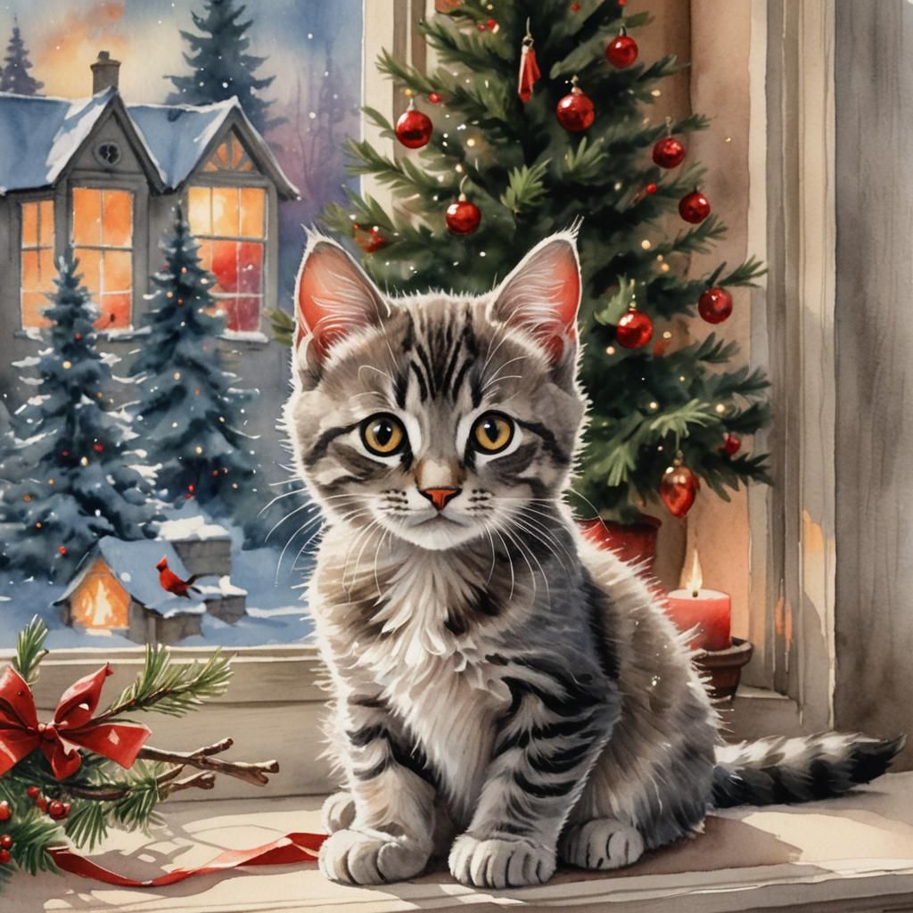 Tabby Kitten and Cardinal: Hyperrealistic Watercolour