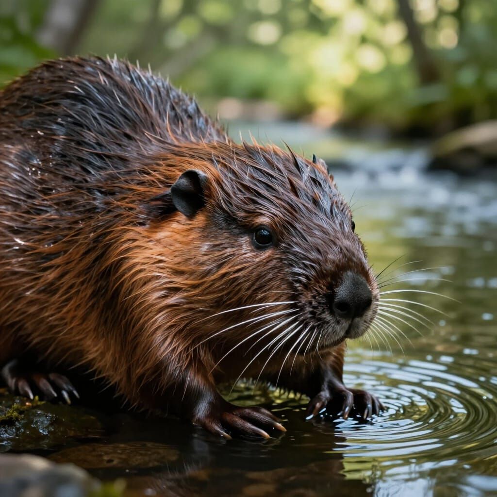 Hyperrealistic Beaver Gazes Down Lazy River in Detailed Natu...