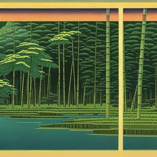 Serene Mountain Temple in Shin-hanga Style