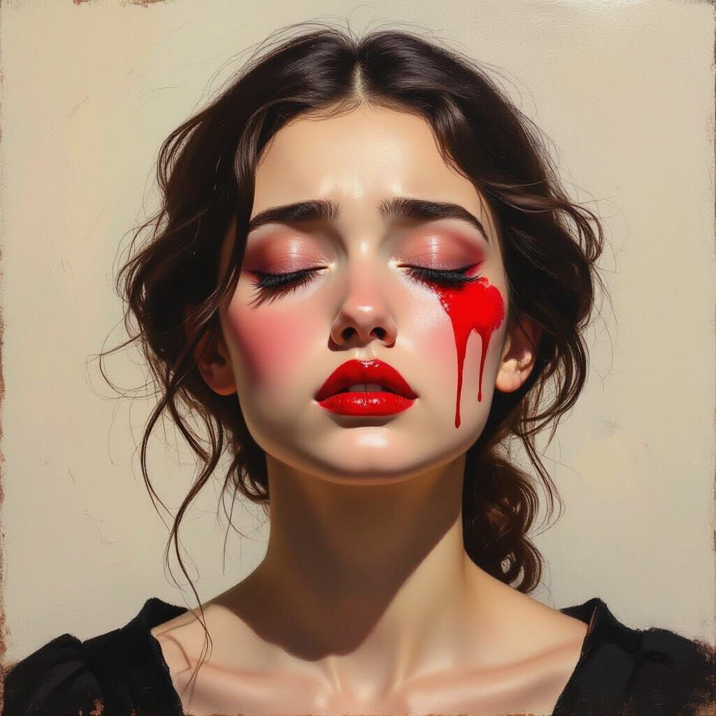 Baroque Portrait of Tragic Beauty with Crimson Tear