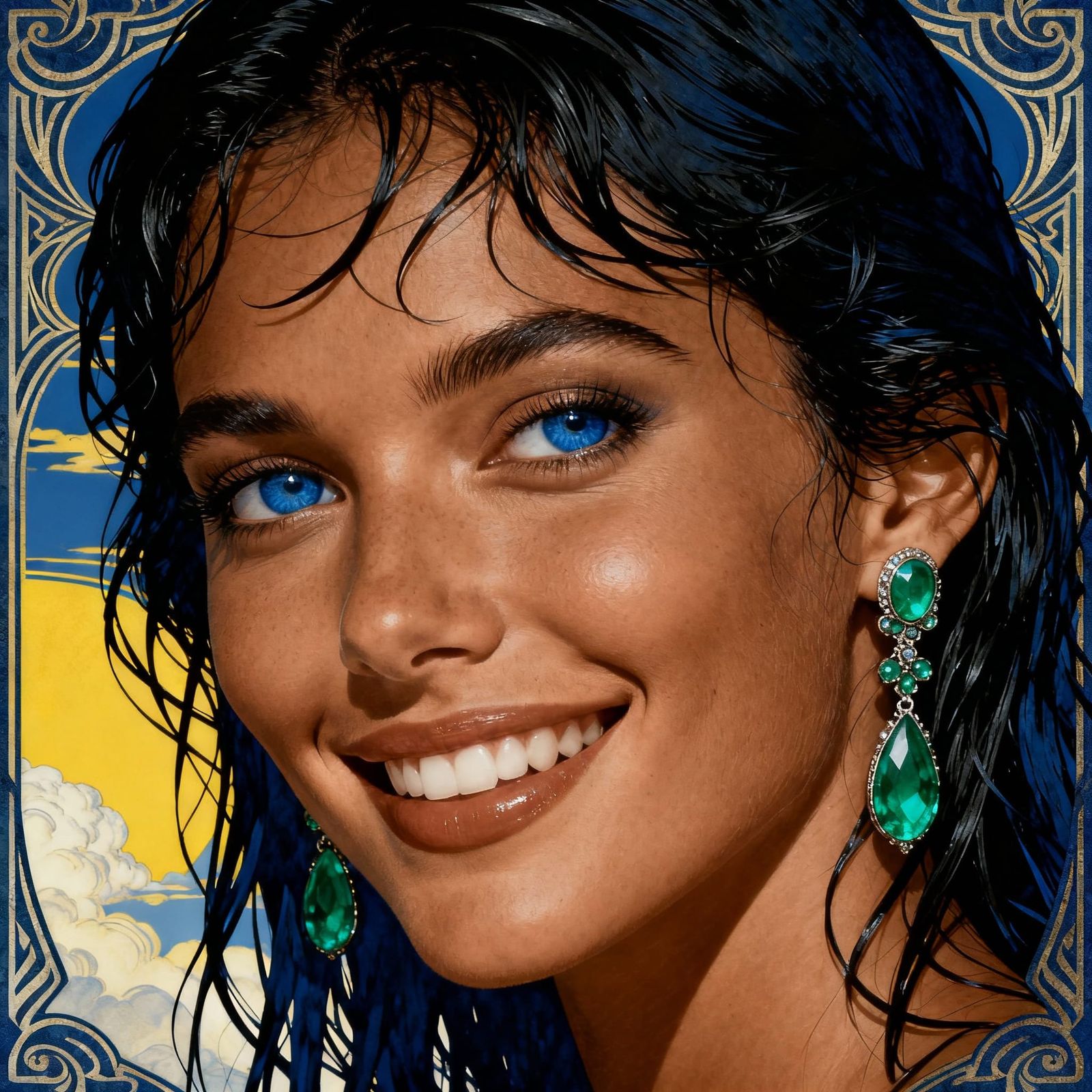 touch of emerald closeup of a 1960's style smiling, art deco...