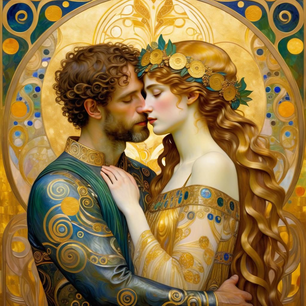 Symbolist Golden Embrace in Art Nouveau Style