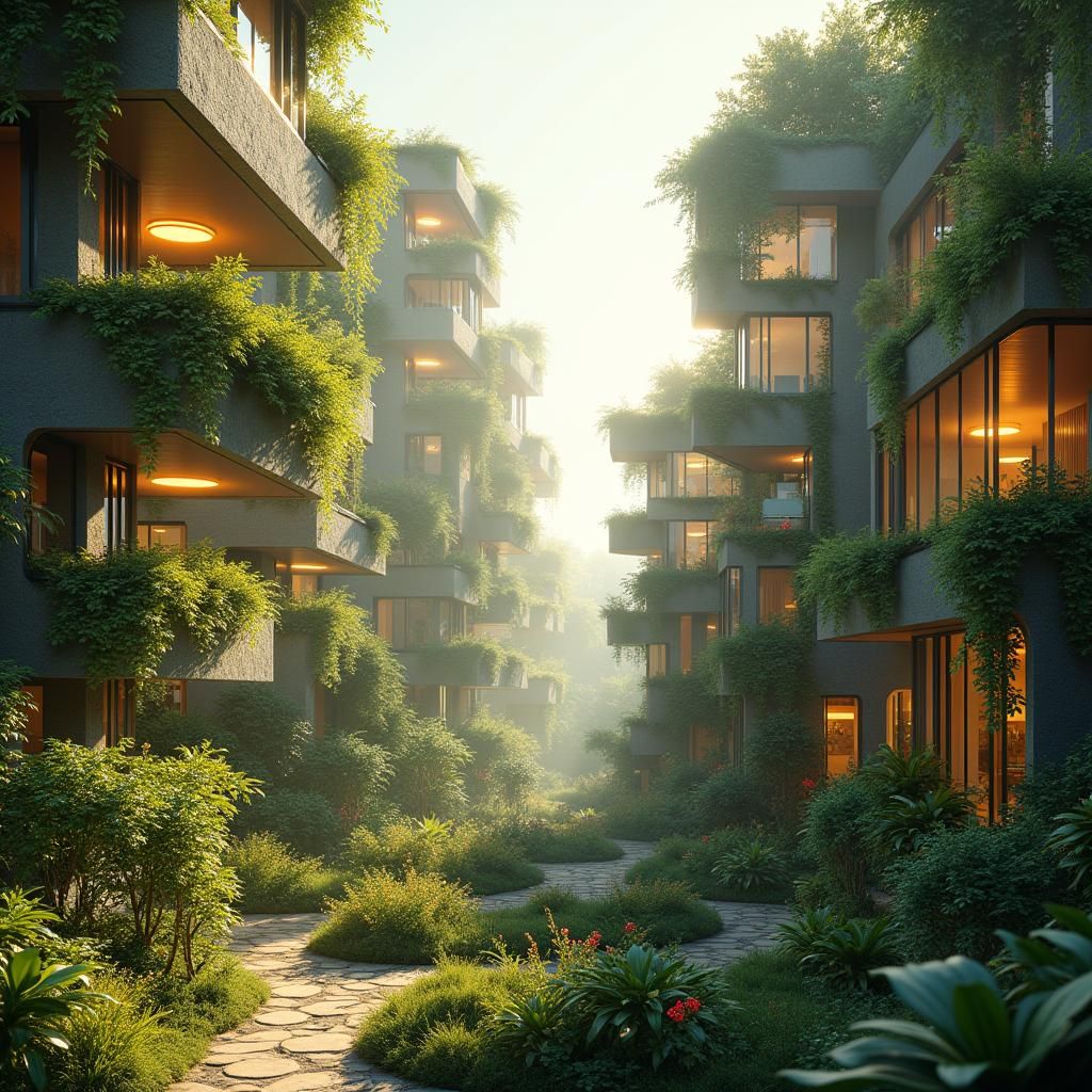 Solarpunk Eco-Residences with Lush Greenery and Sunshine