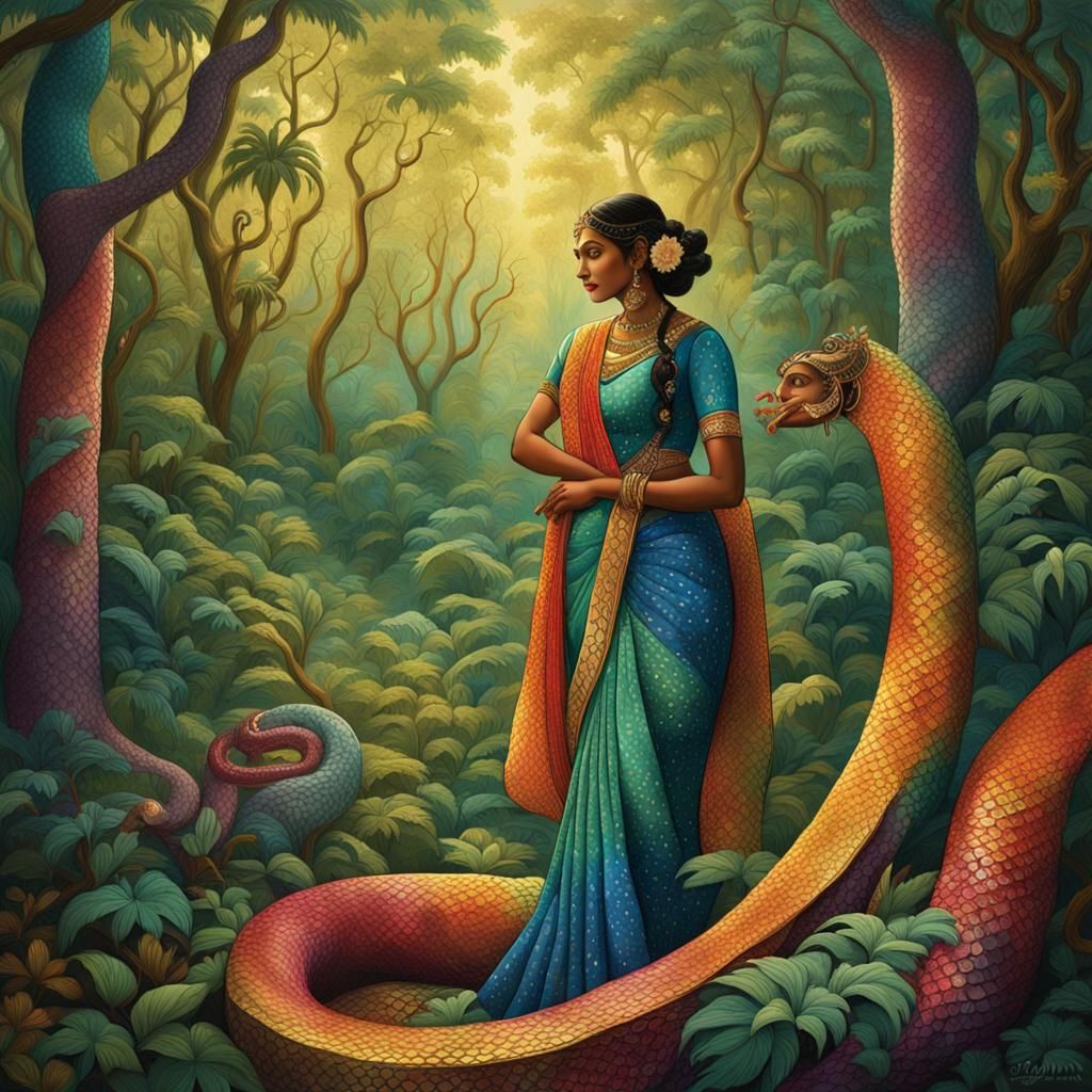Serpent Woman in Forest, Indian Folk Art