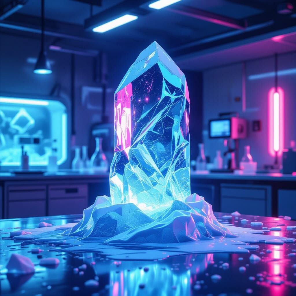 Melting Ice Sculpture in Futuristic Lab