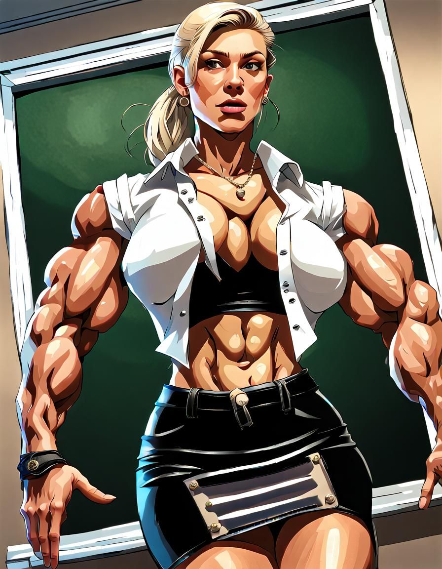 Muscular Gothic Teacher with Massive Biceps in Classroom
