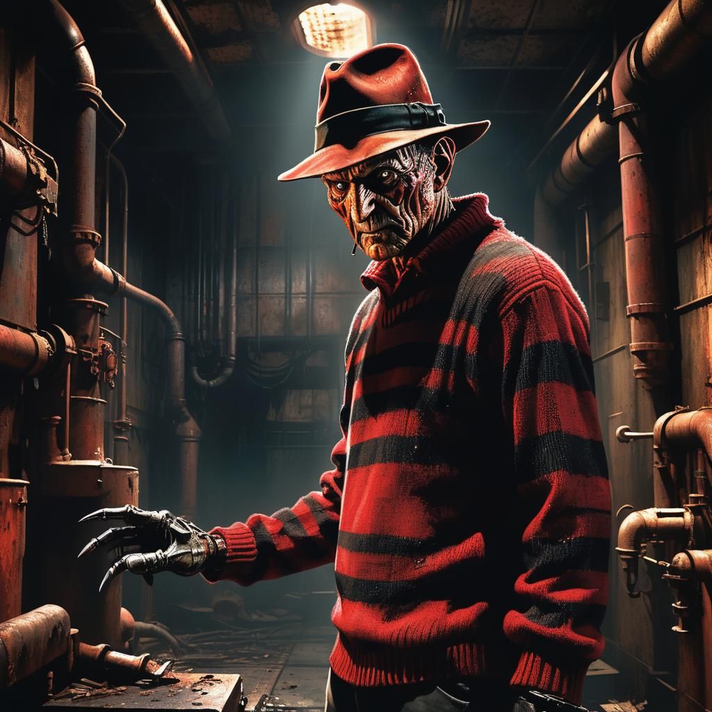 Menacing Freddy Krueger in Abandoned Boiler Room