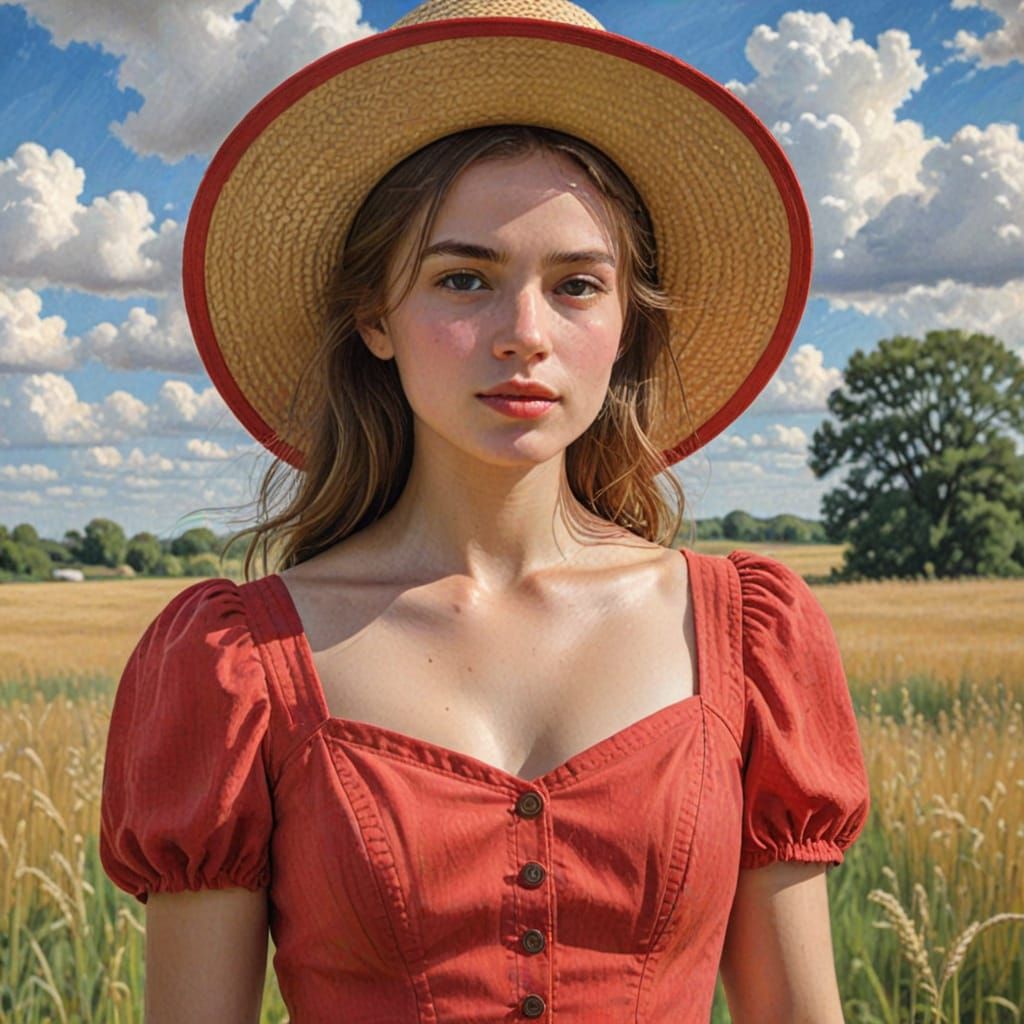 Impressionist Woman in Red Dress in Field Painting