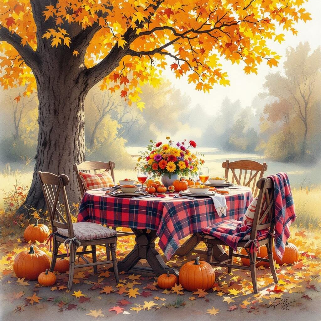 Enchanting Autumn Outdoor Dining Scene in Watercolor