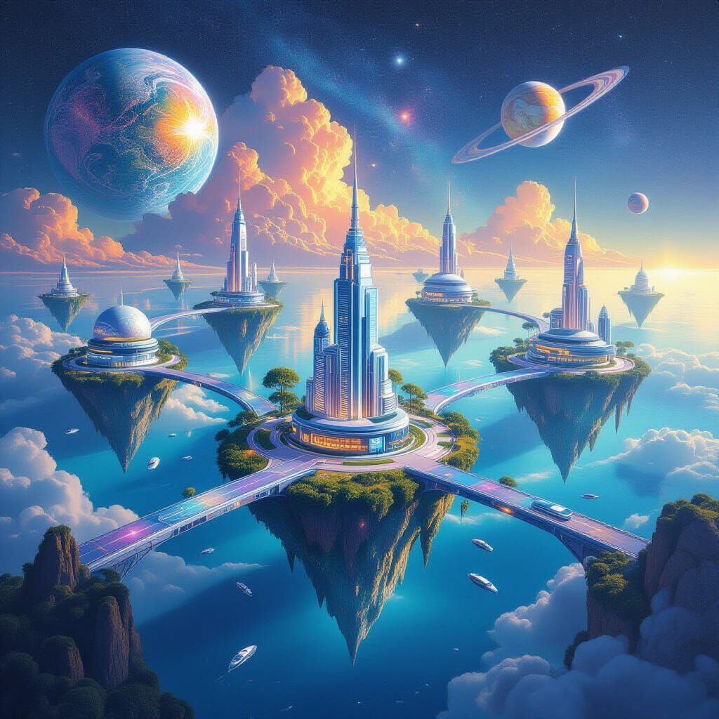 Futuristic Floating Islands Connected by Bridges
