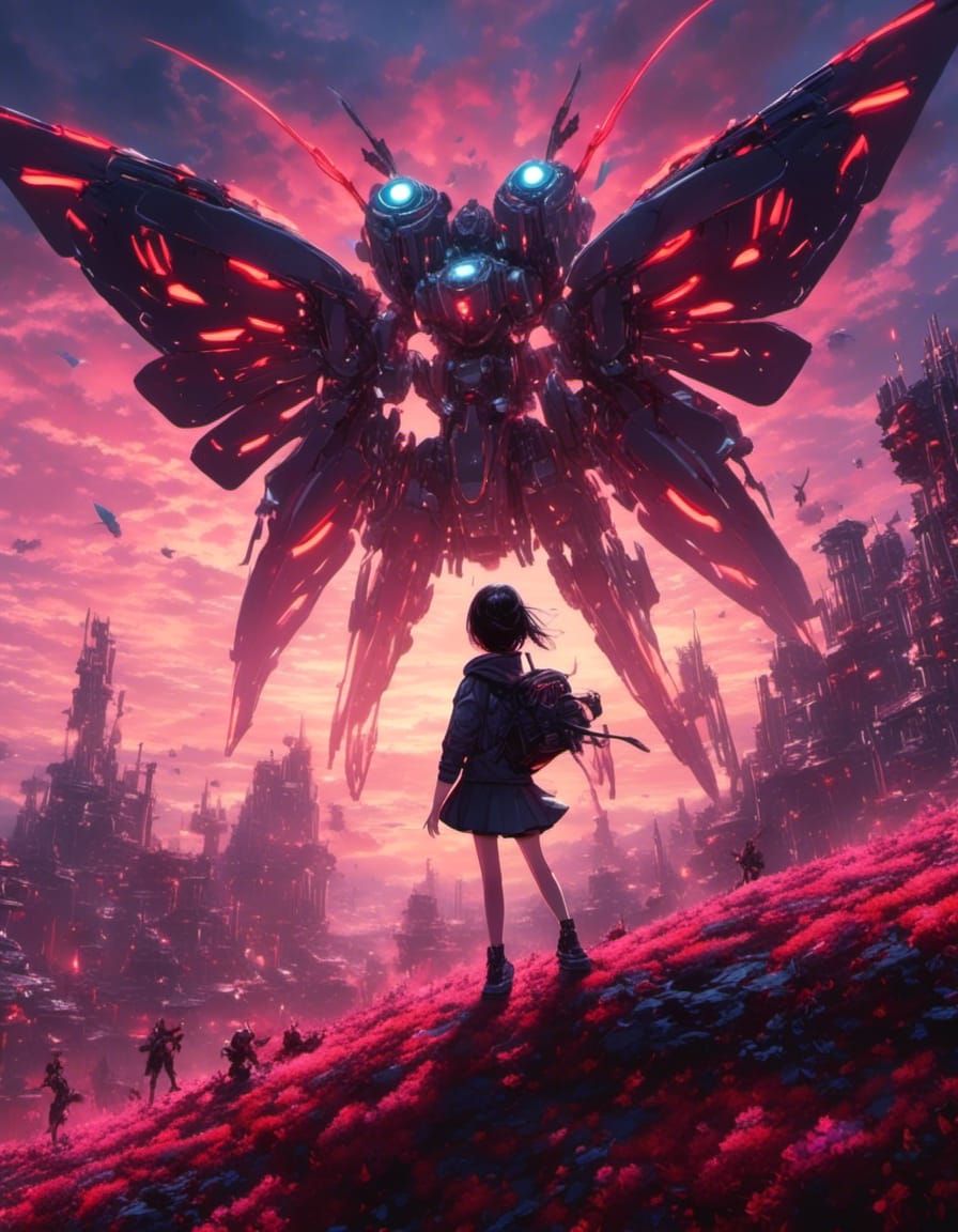 Girl Confronts Mecha-Butterfly in Anime Concept Art
