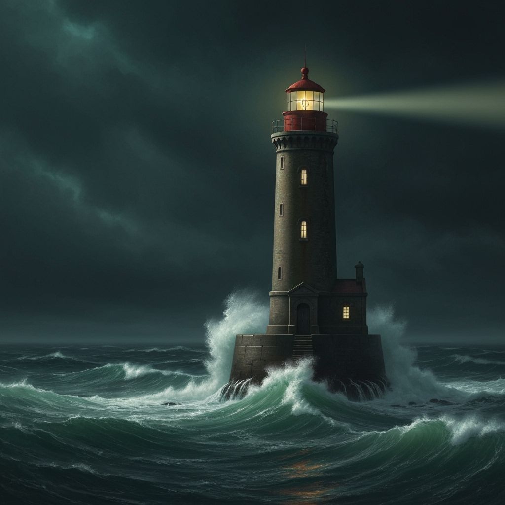 Ancient Lighthouse Shines Through Tempest in Oil Painting