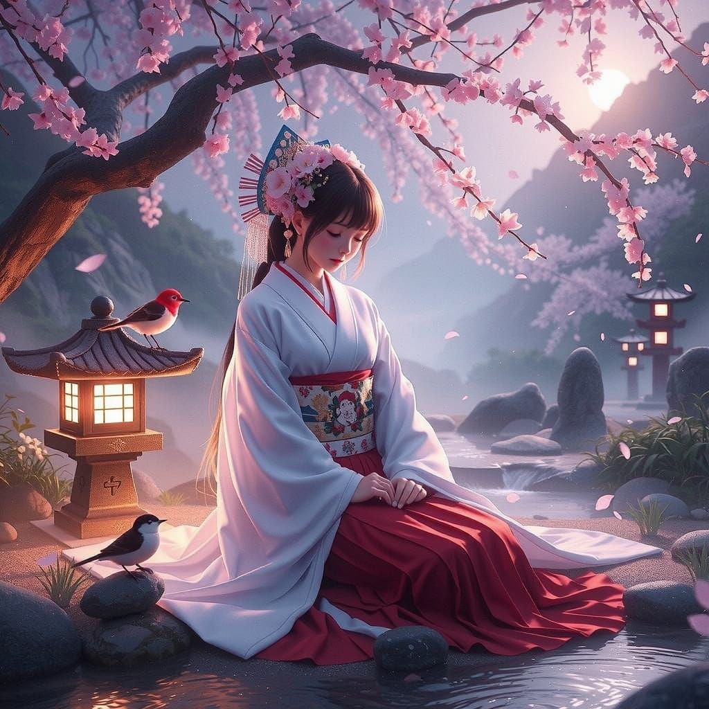 Serenely Seated Shrine Maiden beneath a Blooming Peach Tree