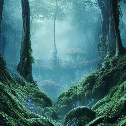 Tiny People in a Lush Blue Forest