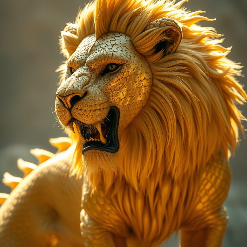 Regal Golden Dragon Lion with Polished Onyx Scales