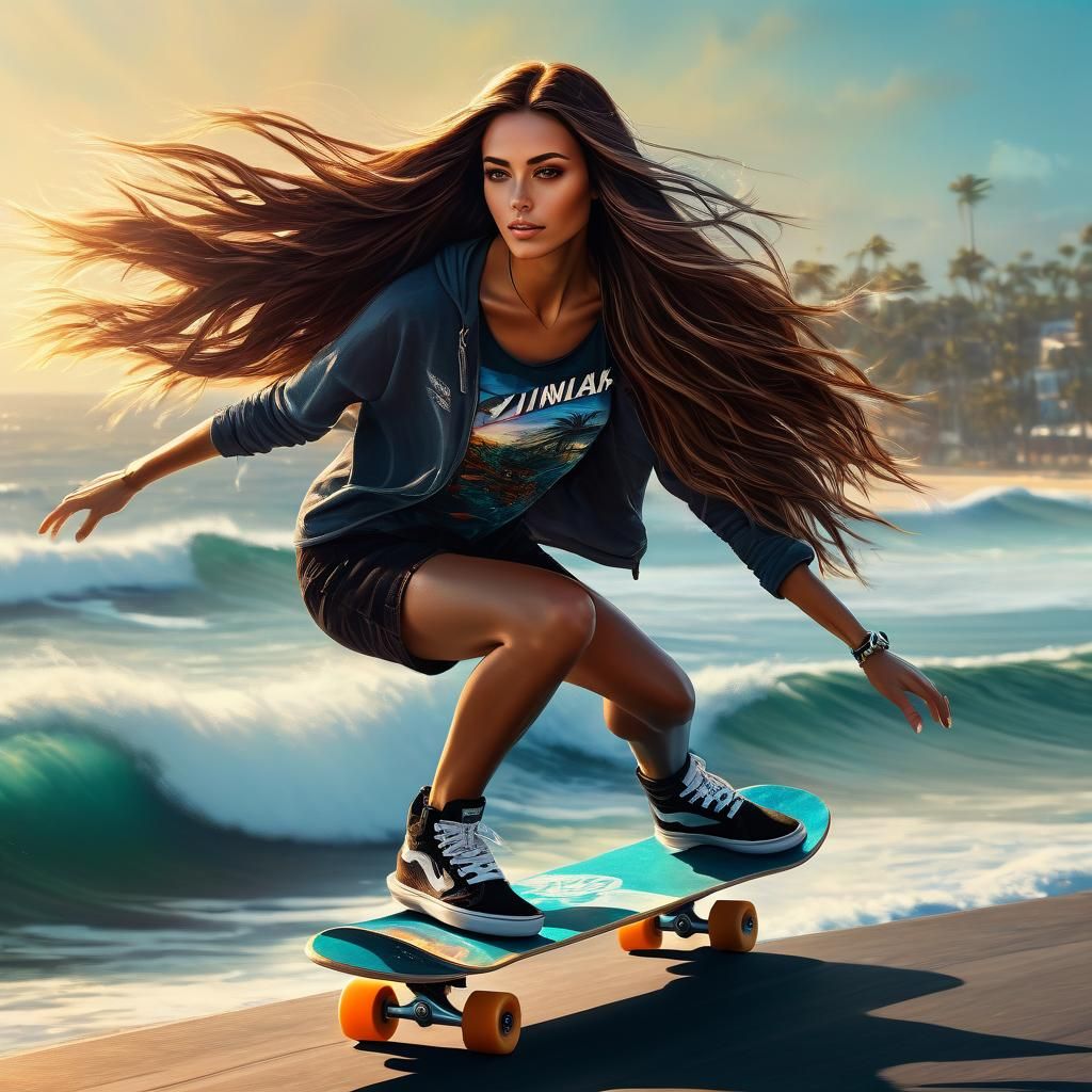 Skateboarder Girl Rides Beside the Ocean: Digital Painting