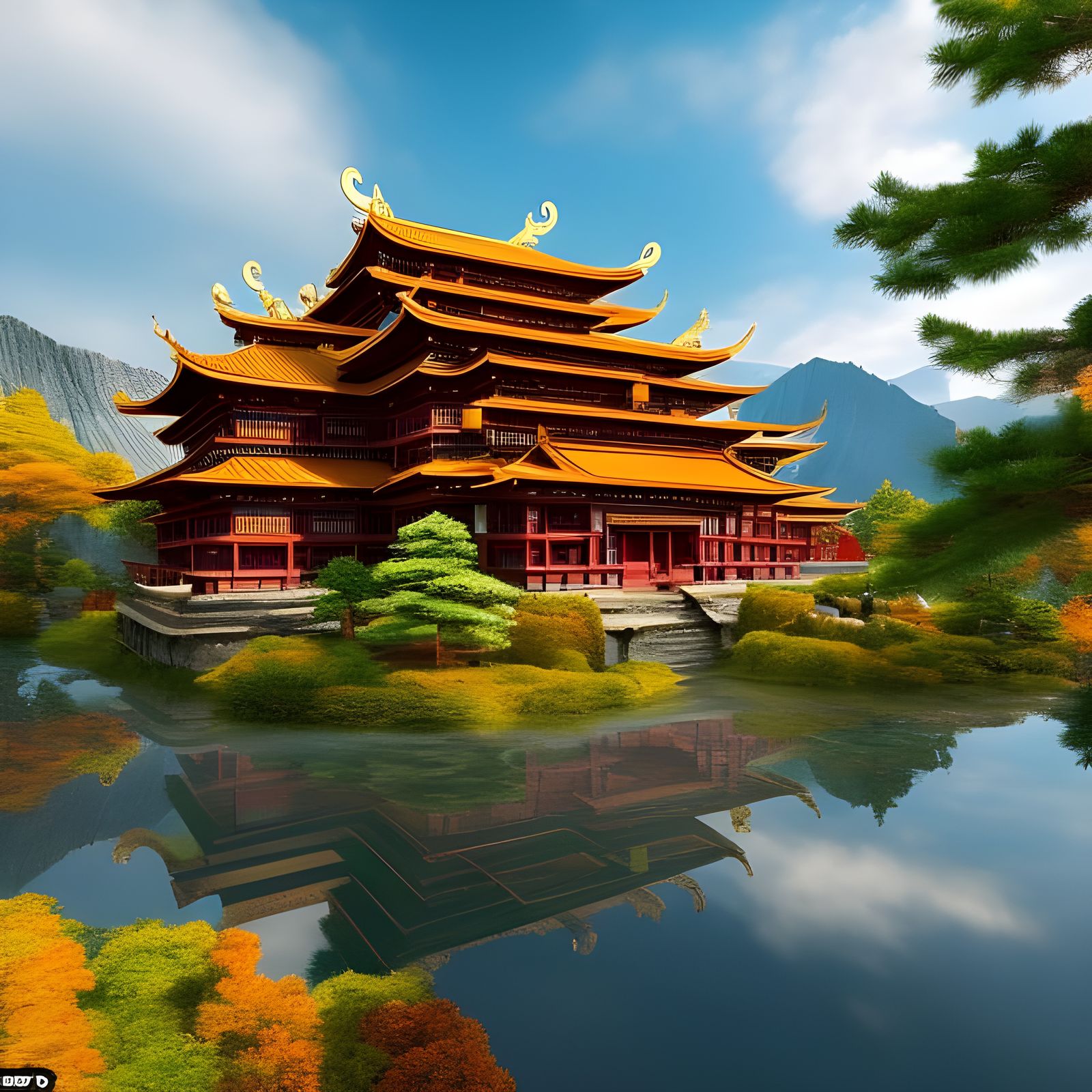 Steampunk Buddhist Temple in Mountain Landscape