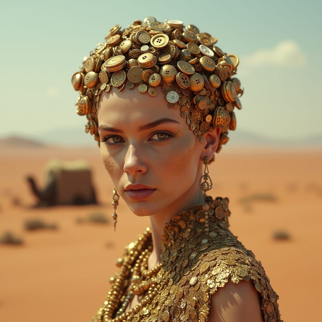 Golden Button Woman in Surreal Terracotta Desert