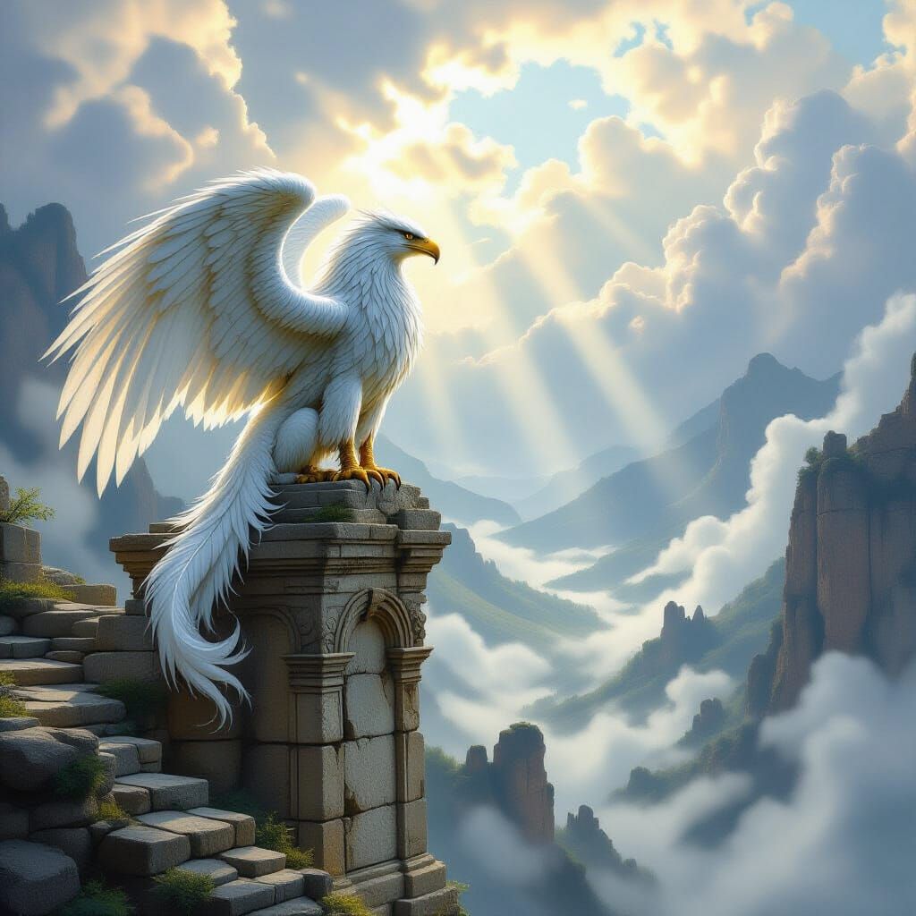 Majestic Griffin Over Misted Valley in Classical Fantasy Sty...