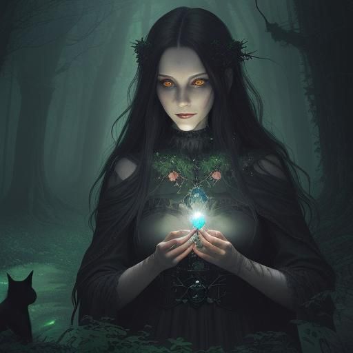 Mystical Forest Witch with Spirits in Ethereal Fantasy Art