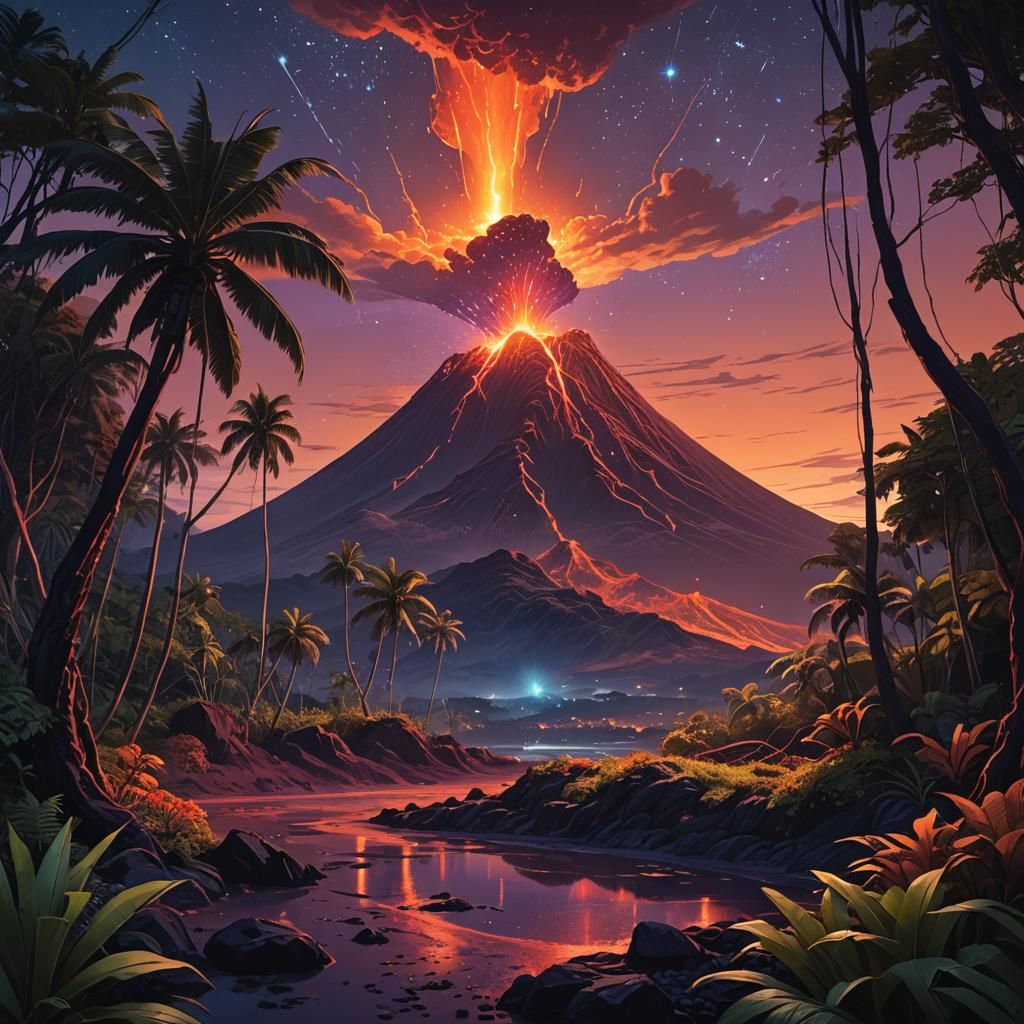 Dormant Hawaiian Volcano Under Starry Sky