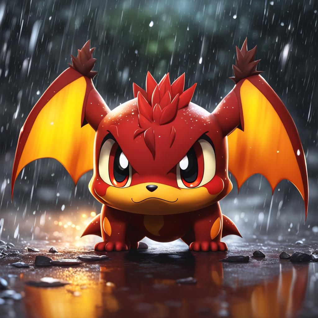 Sad Magmar Pokemon Crying in Rain, Pixar Style
