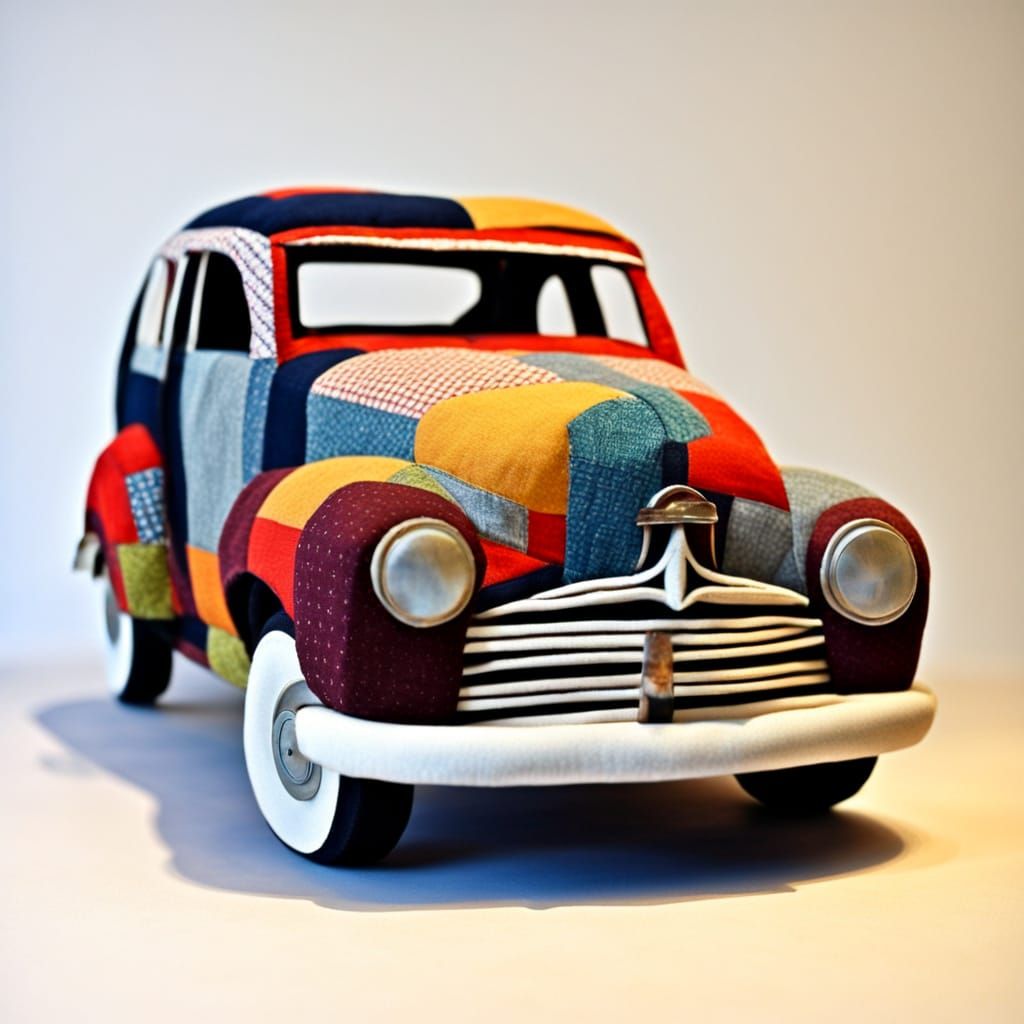 Vibrant Patchwork Car Sculpture in Folk Art Style