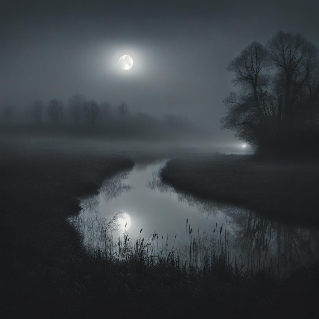 Sinister Foggy Field Next to River at Night