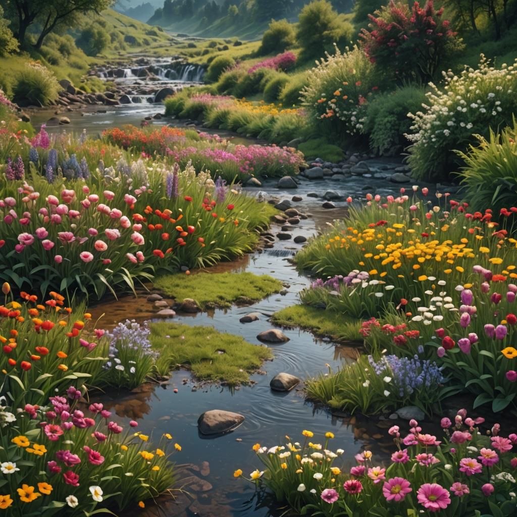 Lush Flower Field and Creek: Digital Matte Painting