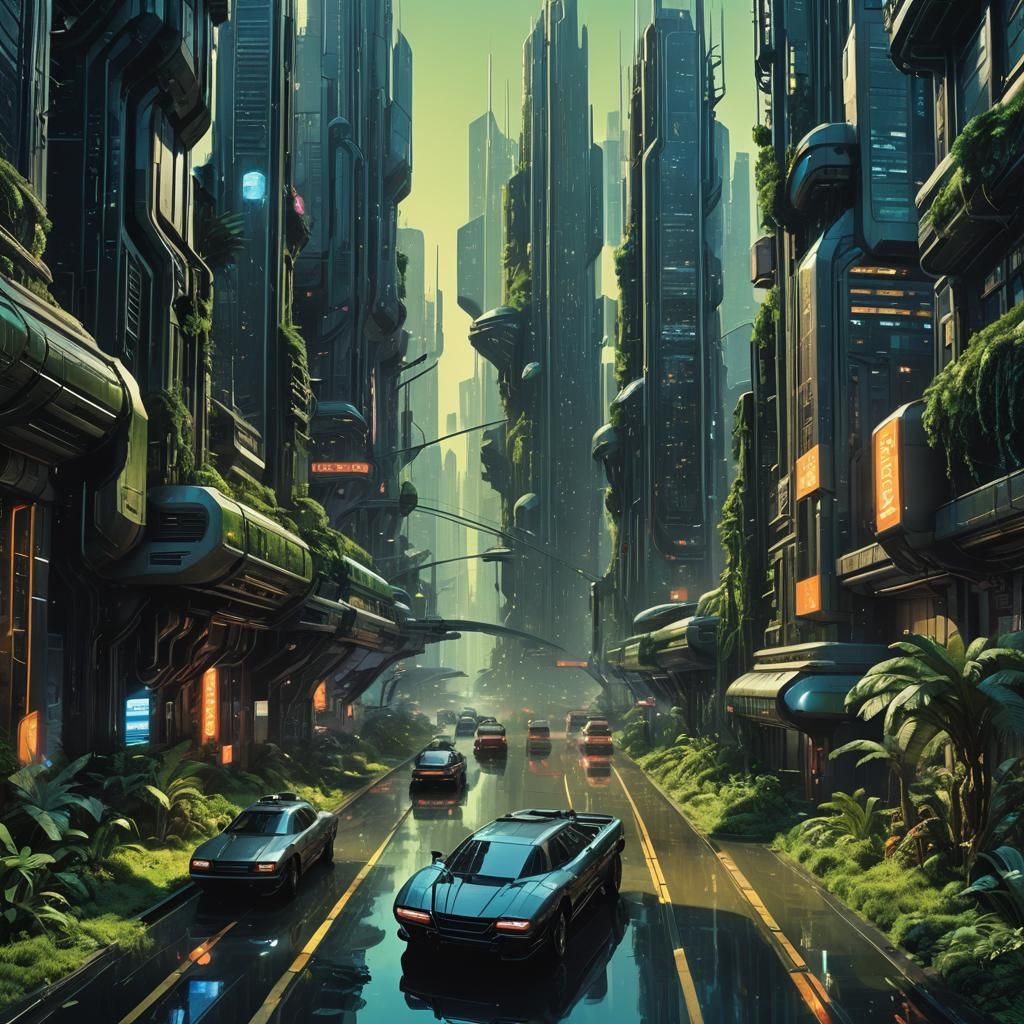 Futuristic Cityscape with Neon Lights: Digital Matte Paintin...