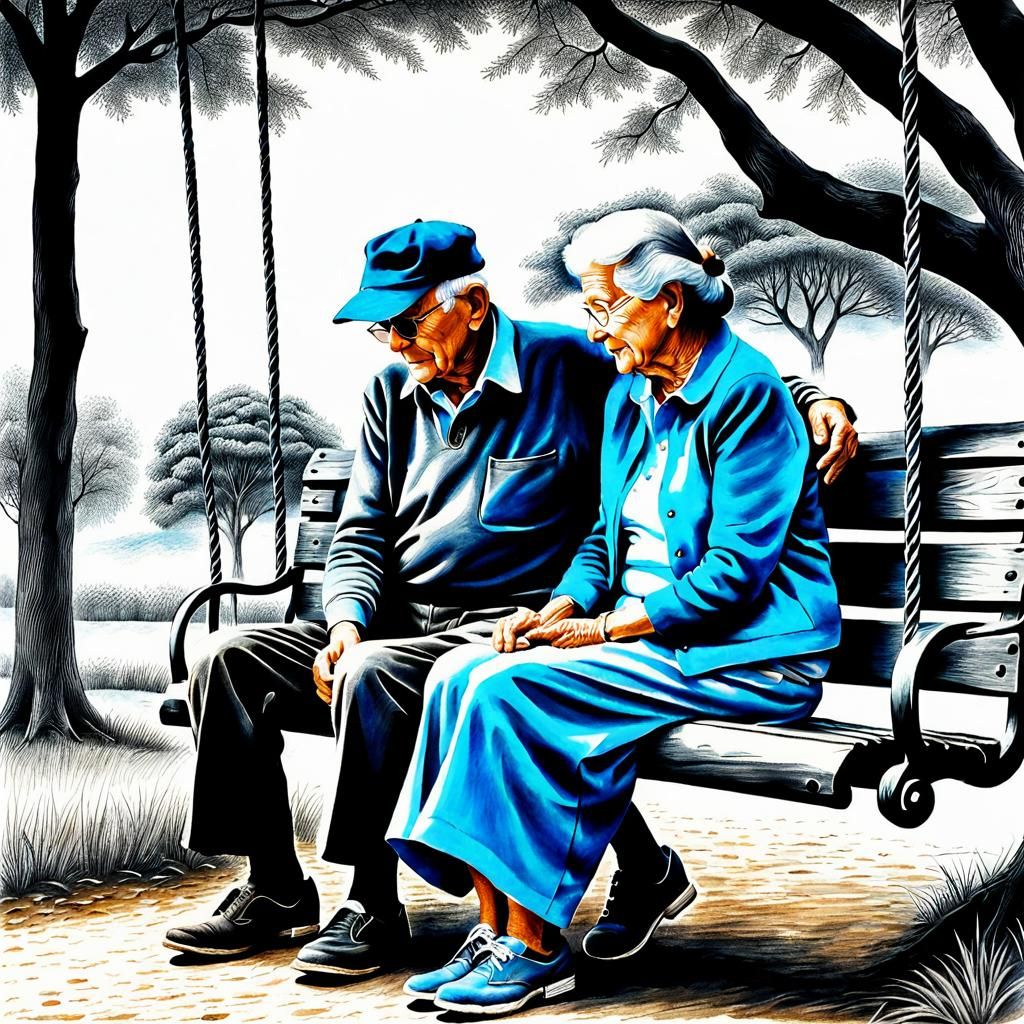a masterpiece elderly couple sitting on a bench swing holdin...