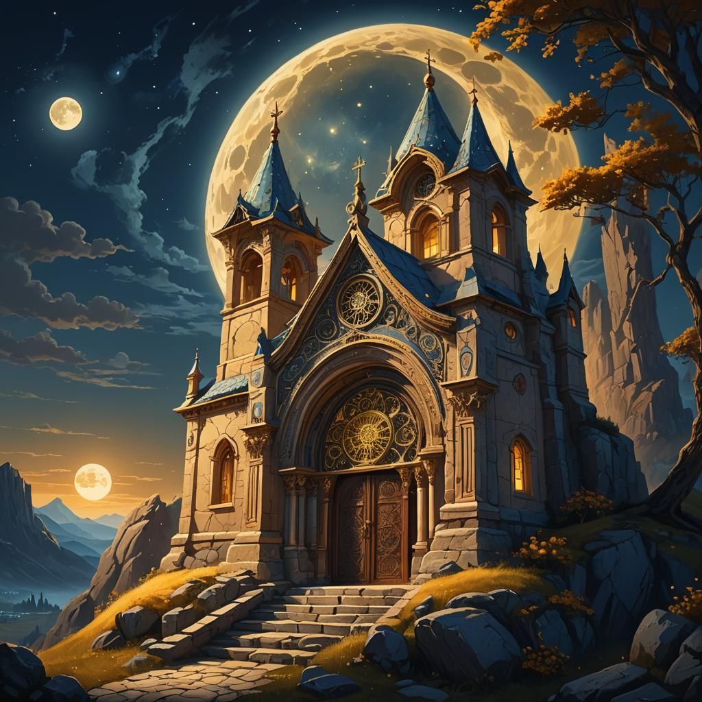 Mystical Hermitage on Hilltop Under Moonlight