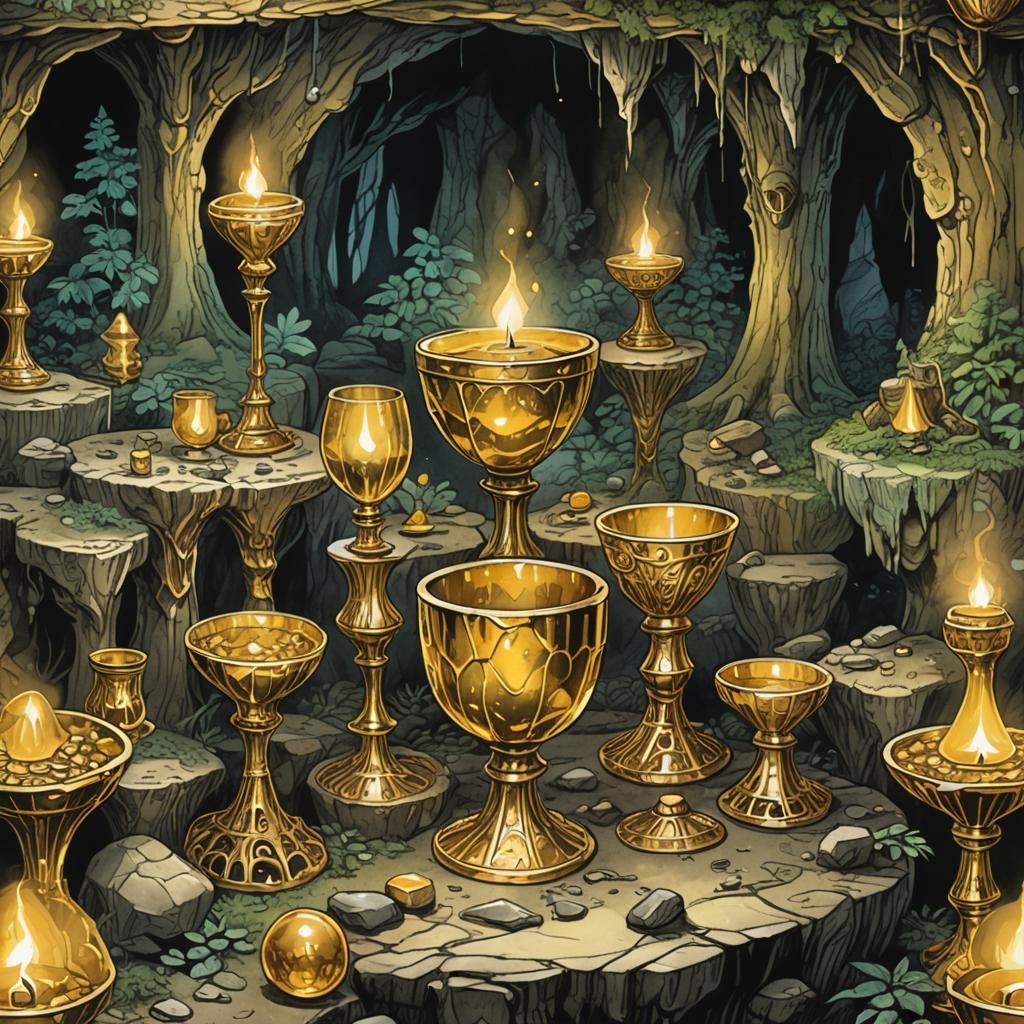 Gold Goblets Treasure in Forest Cave, Watercolour Illustrati...
