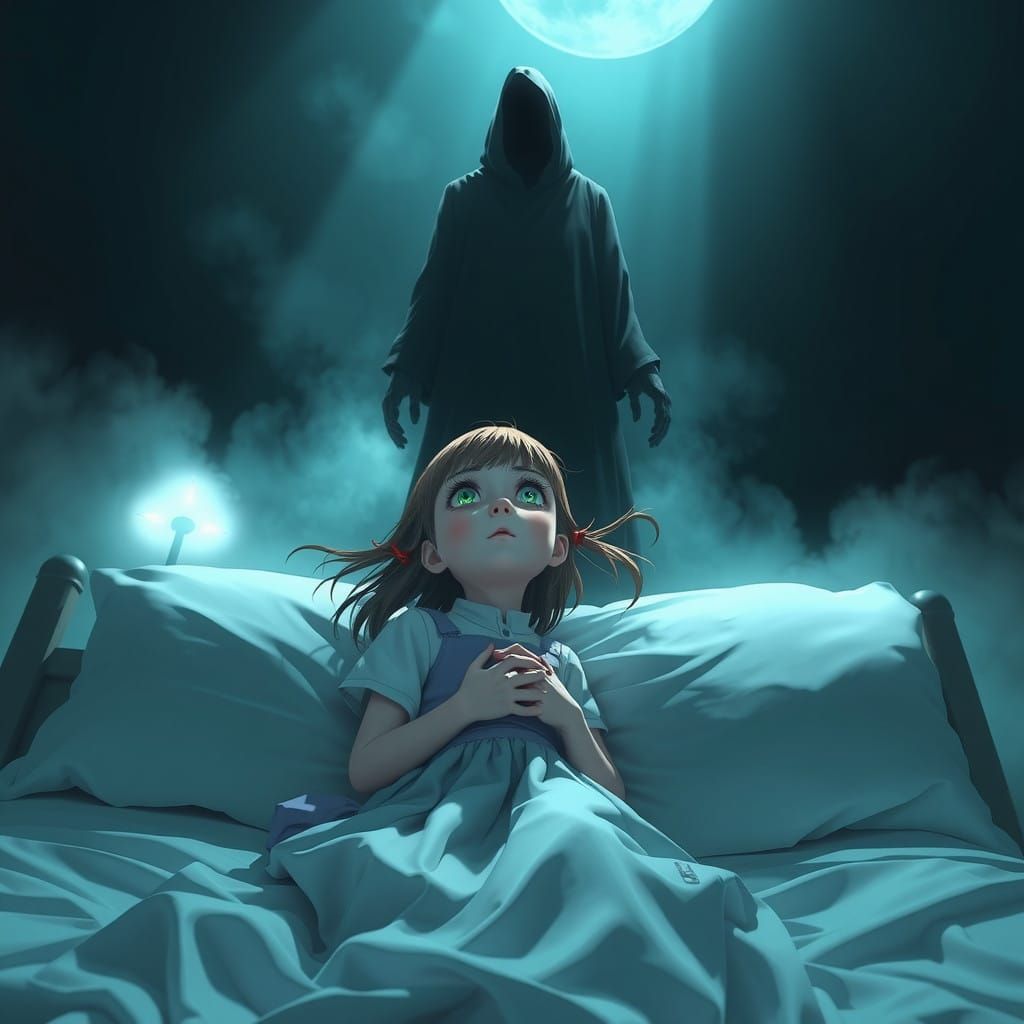 Dark Figure Looms Over Young Girl in Bed, Radiating Menace