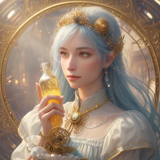 Dreamy Fantasy Portrait with Glowing Bottle