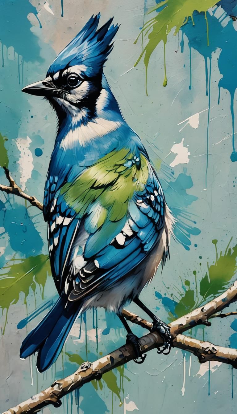 Blue Jay in Vibrant Street Art Style