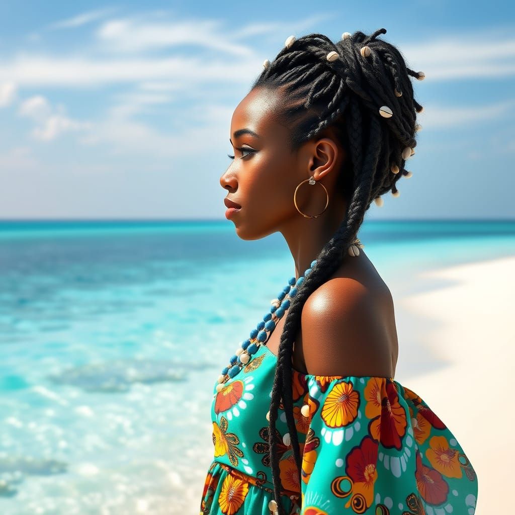 Stunning African Woman with Boho Braids on Pristine Maldives...