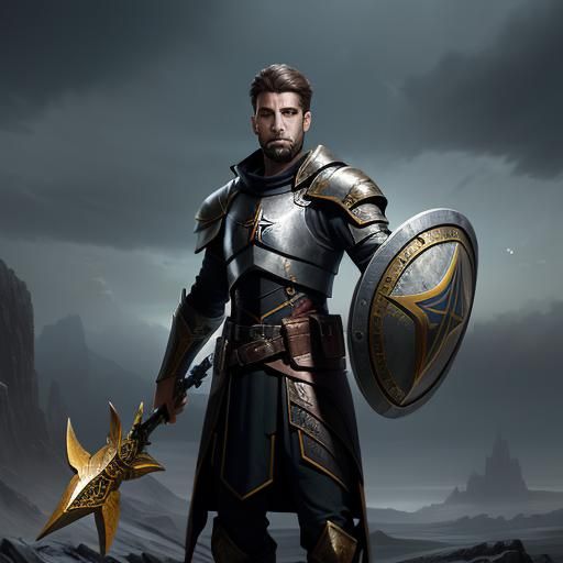 Young Templar Knight with Shield: Detailed Matte Painting