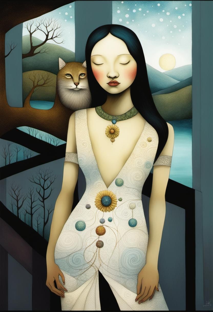 Dreamlike woman with cat