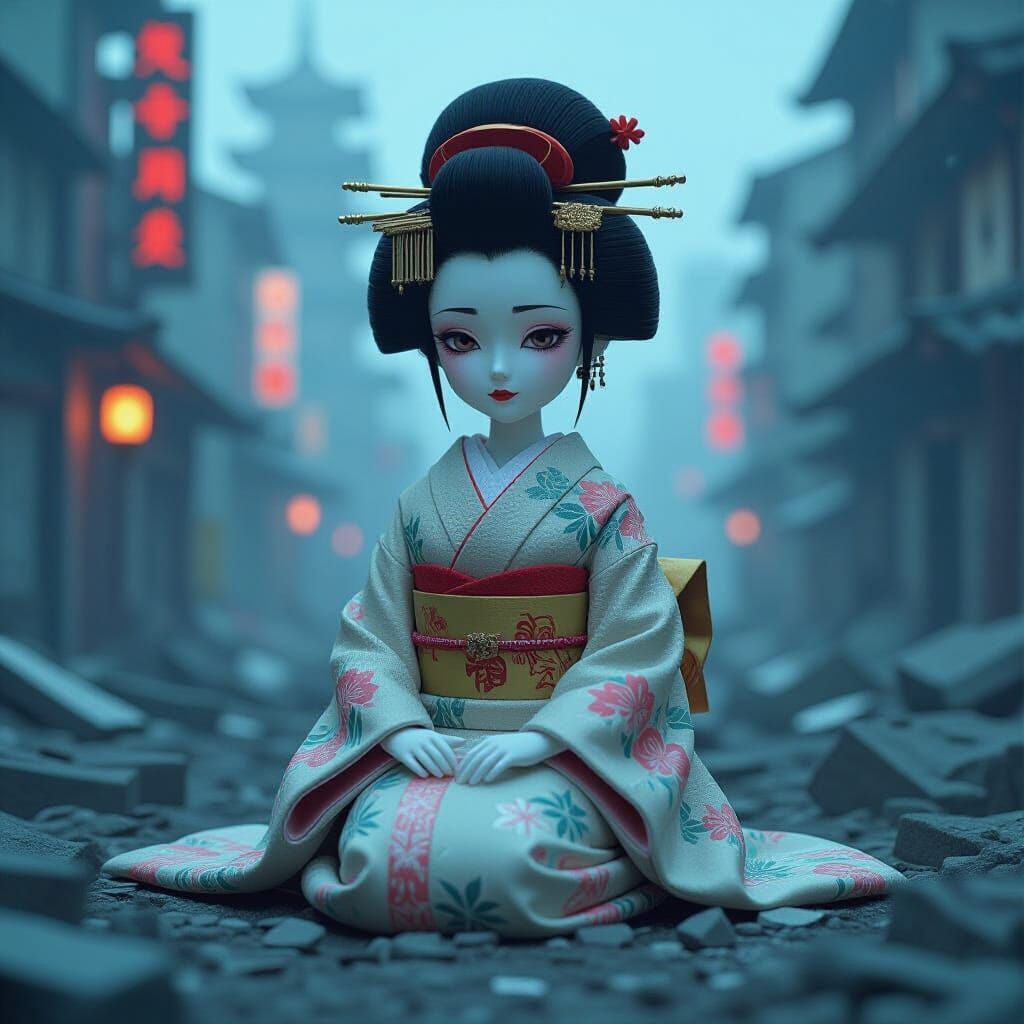 Melancholy Geisha Doll in Futuristic Ruins, Concept Art Styl...