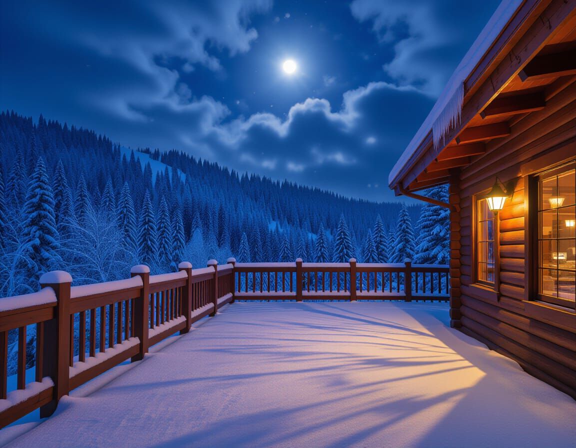 Snow-covered deck on house with moon