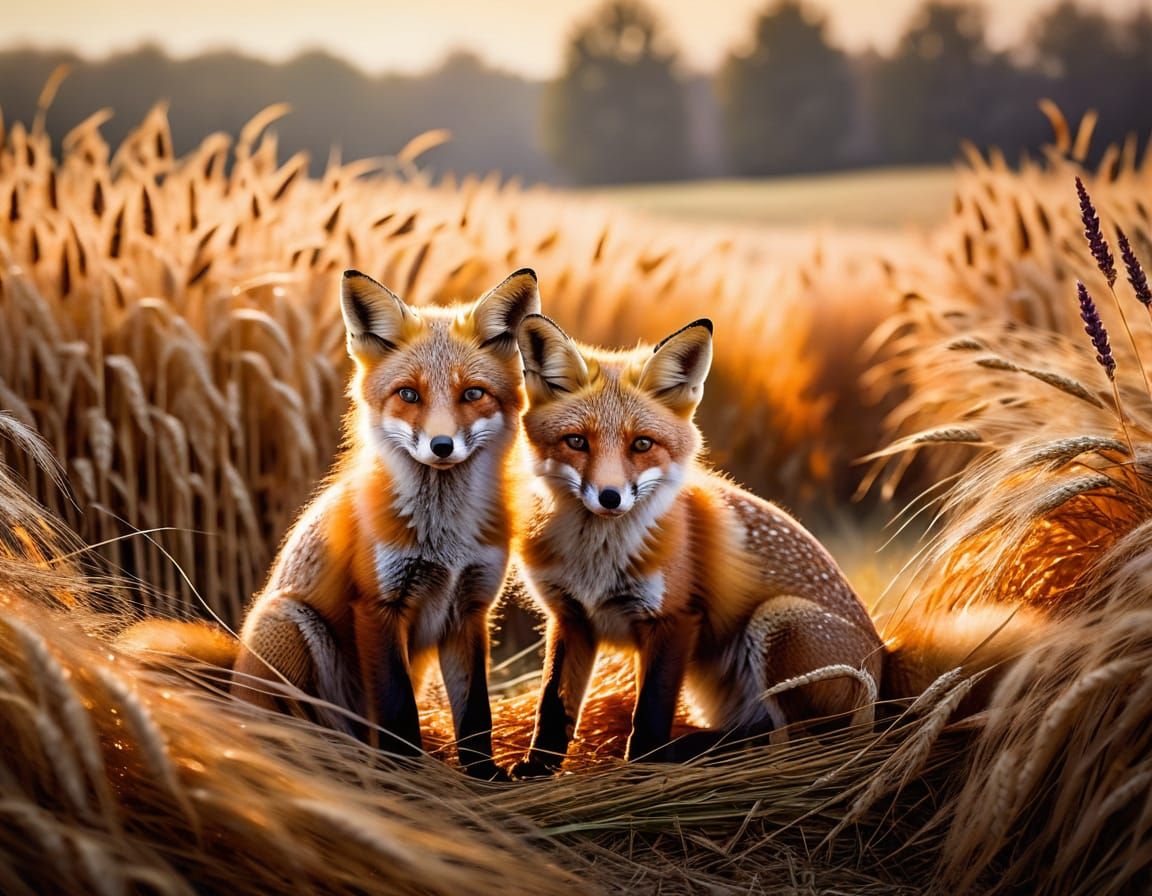 Fox Kits in Wheat Field: Impressionist Autumn Scene
