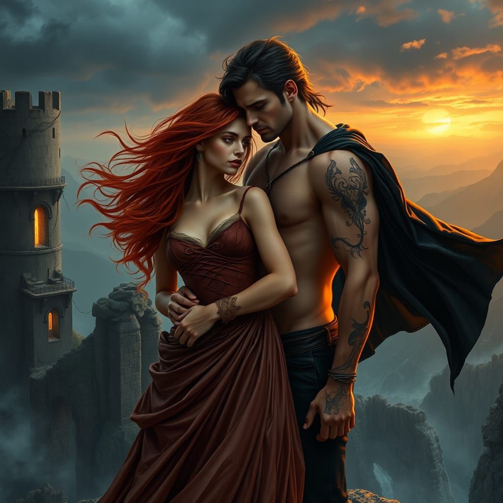 Ethereal Bonded Couple Amidst Twilight Ruins