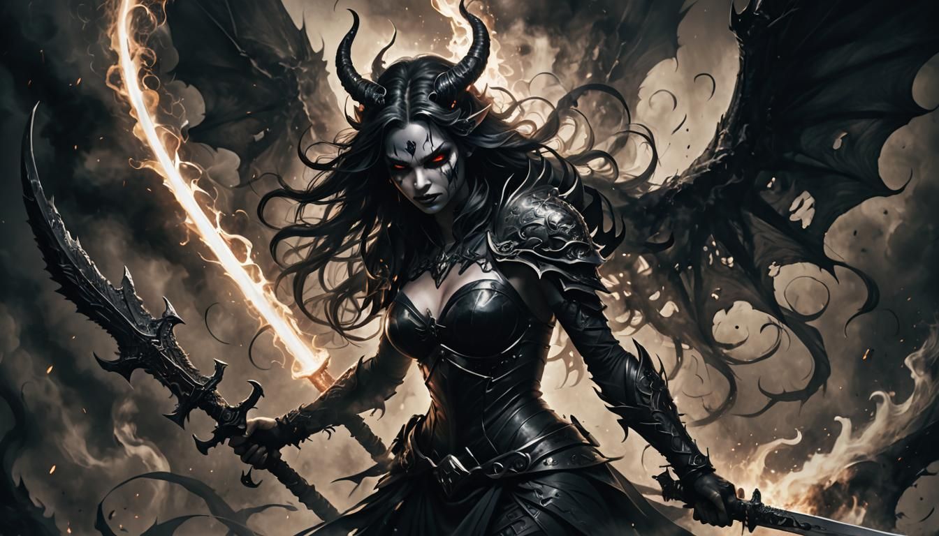 Ethereal Demoness with Sword in Dark Gothic Style