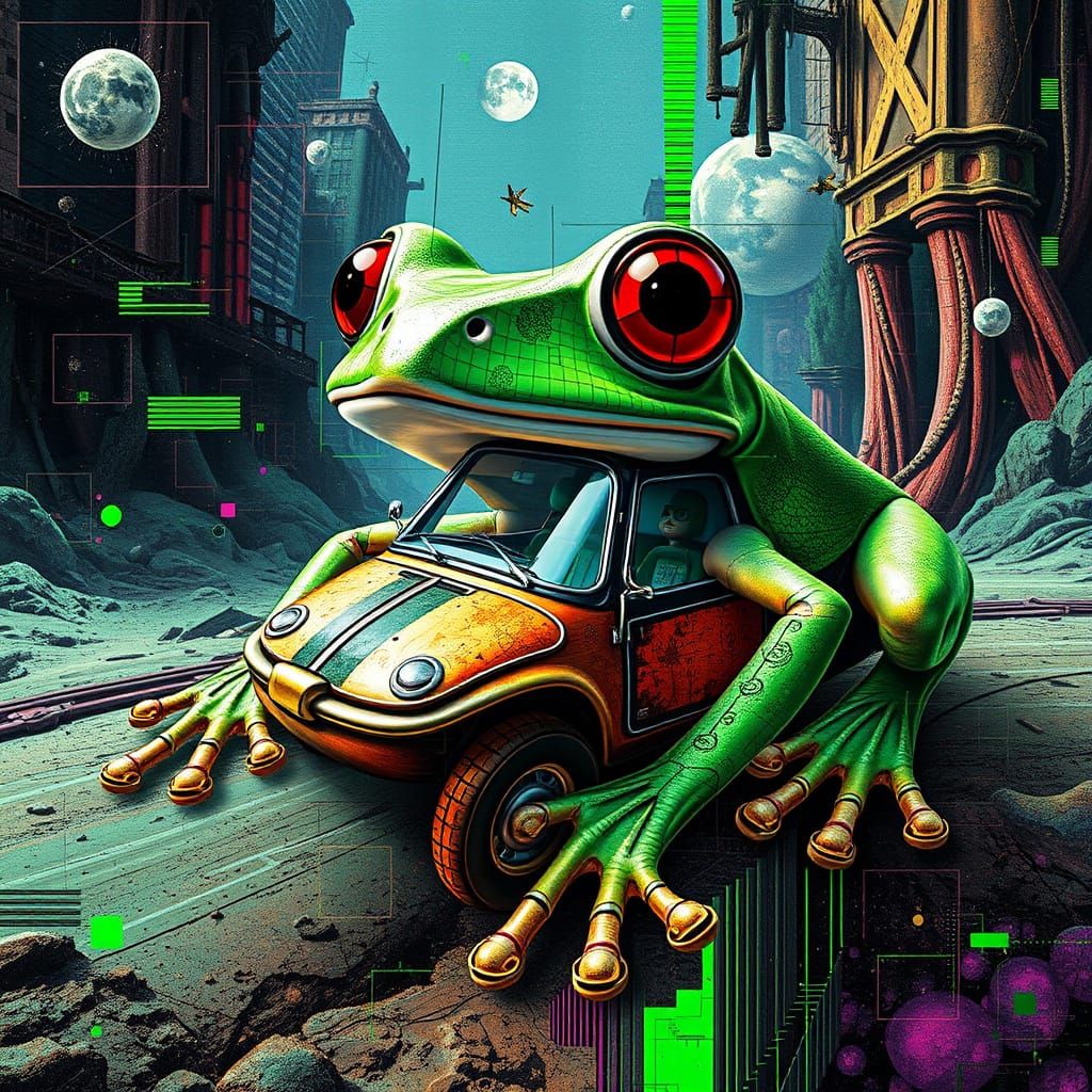 Surreal Frog Taxi in Glitch Art Style
