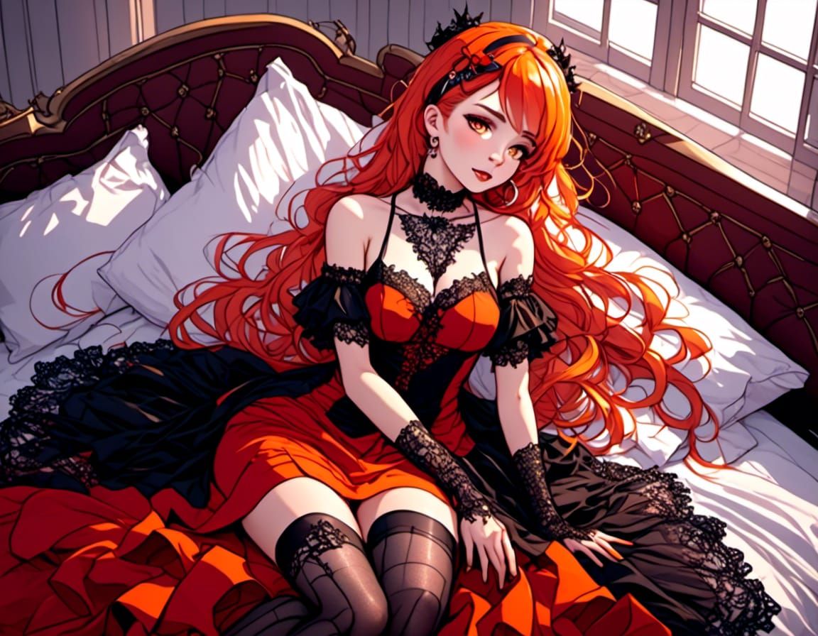 Gothic Woman in Red Dress with Fantasy Elements